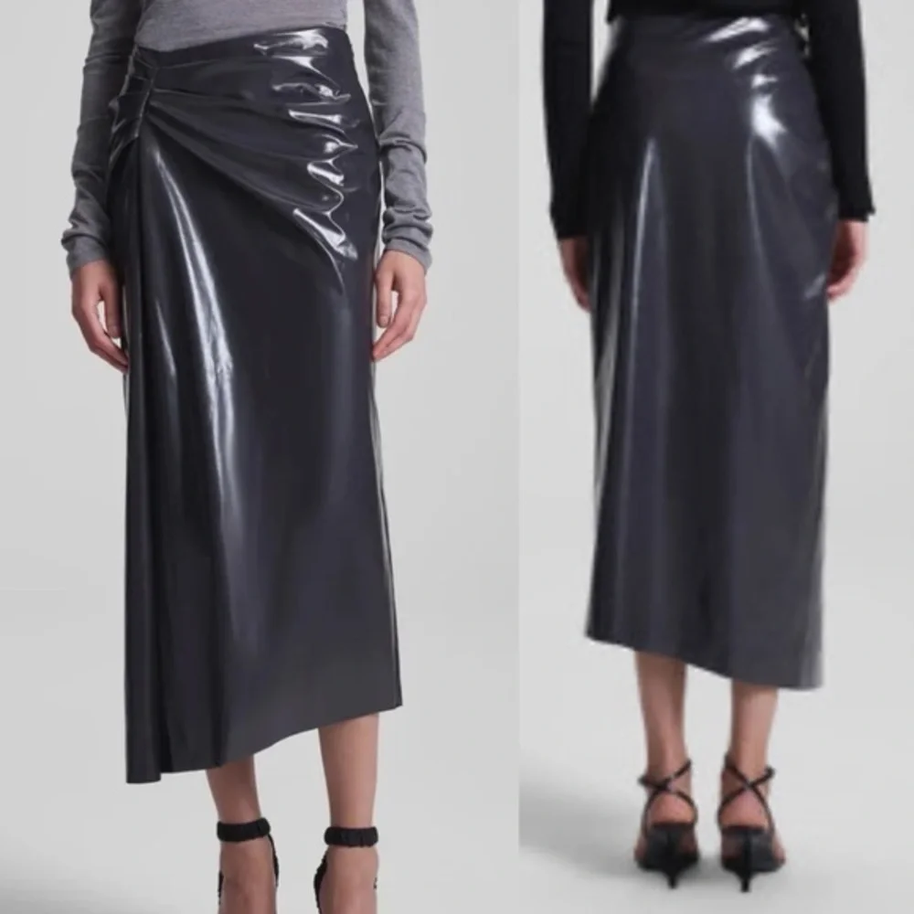 A.L.C. Faux Leather Midi Skirt Asymmetrical Ruched Gray Size 14